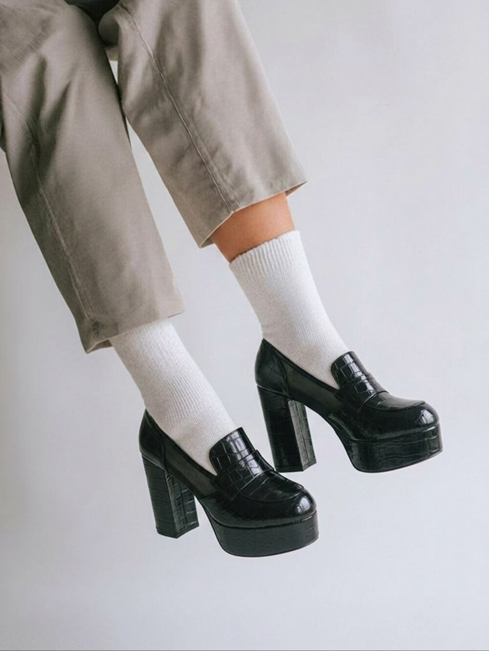 Black Croc-Embossed Platform Heels